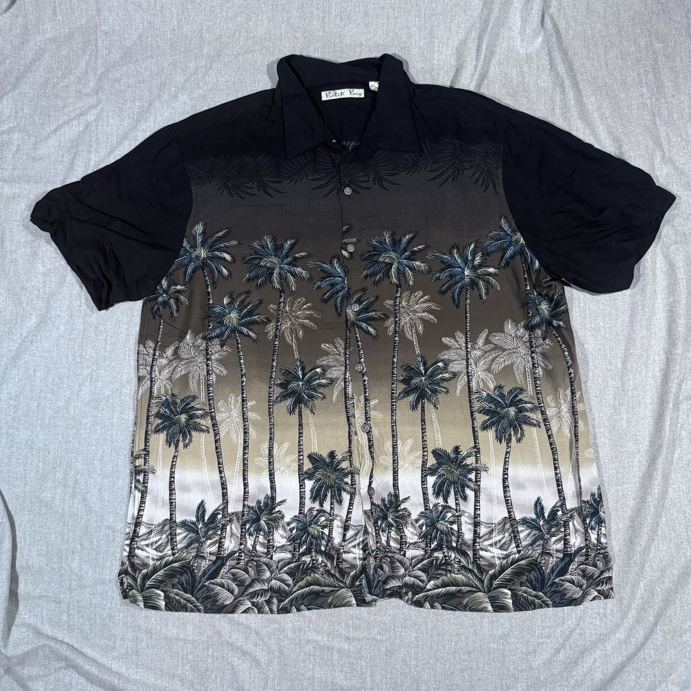 Batik Bay Shirt Mens XL Black Gray Palm Tree Hawaiian Rayon Button Up Aloha
